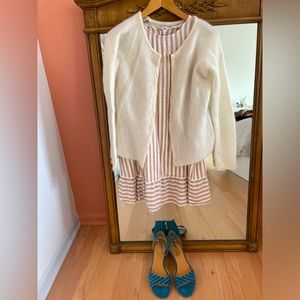 Cotton/linen summer dress - white & beige strip give a beach/ cotton club style